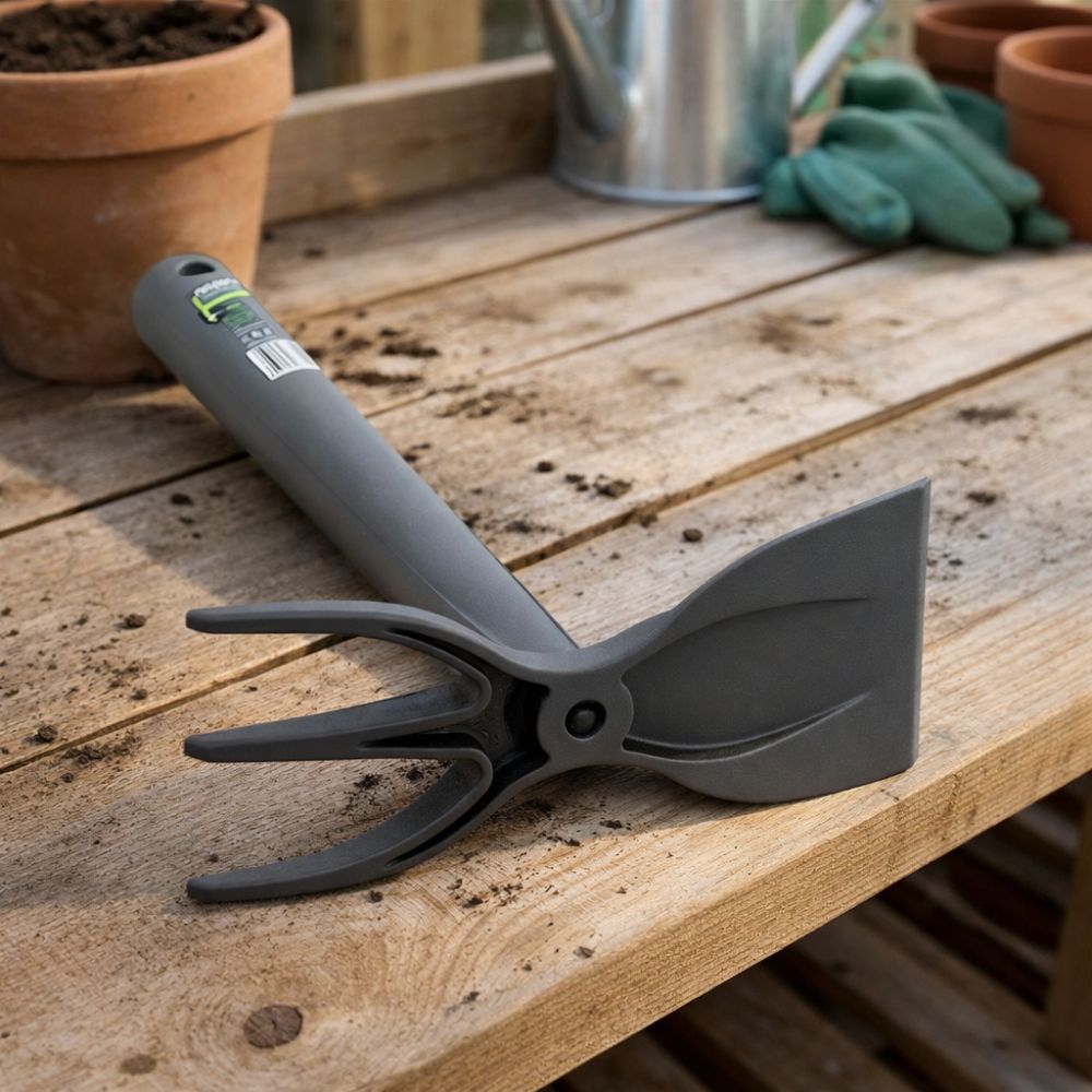 hand hoe on a garden bench