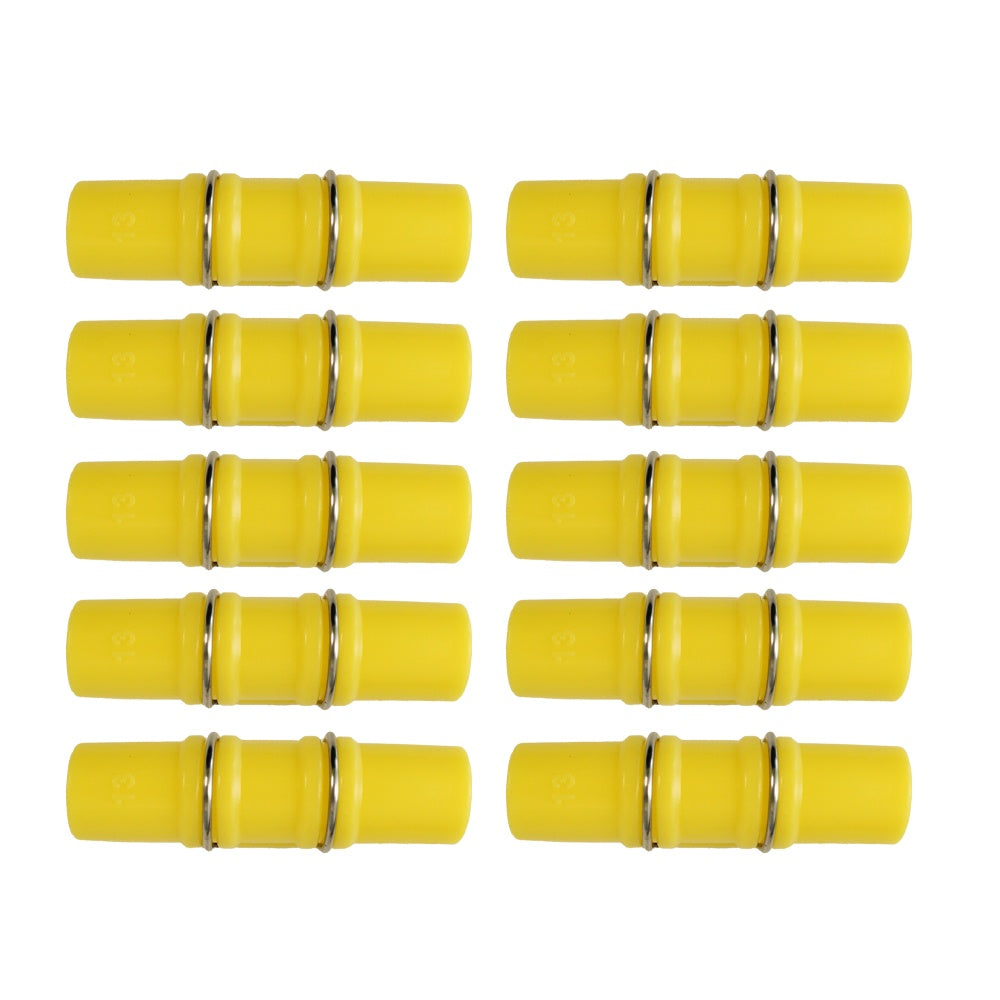 Yellow strong cage connectors arranged in a grid on a white background