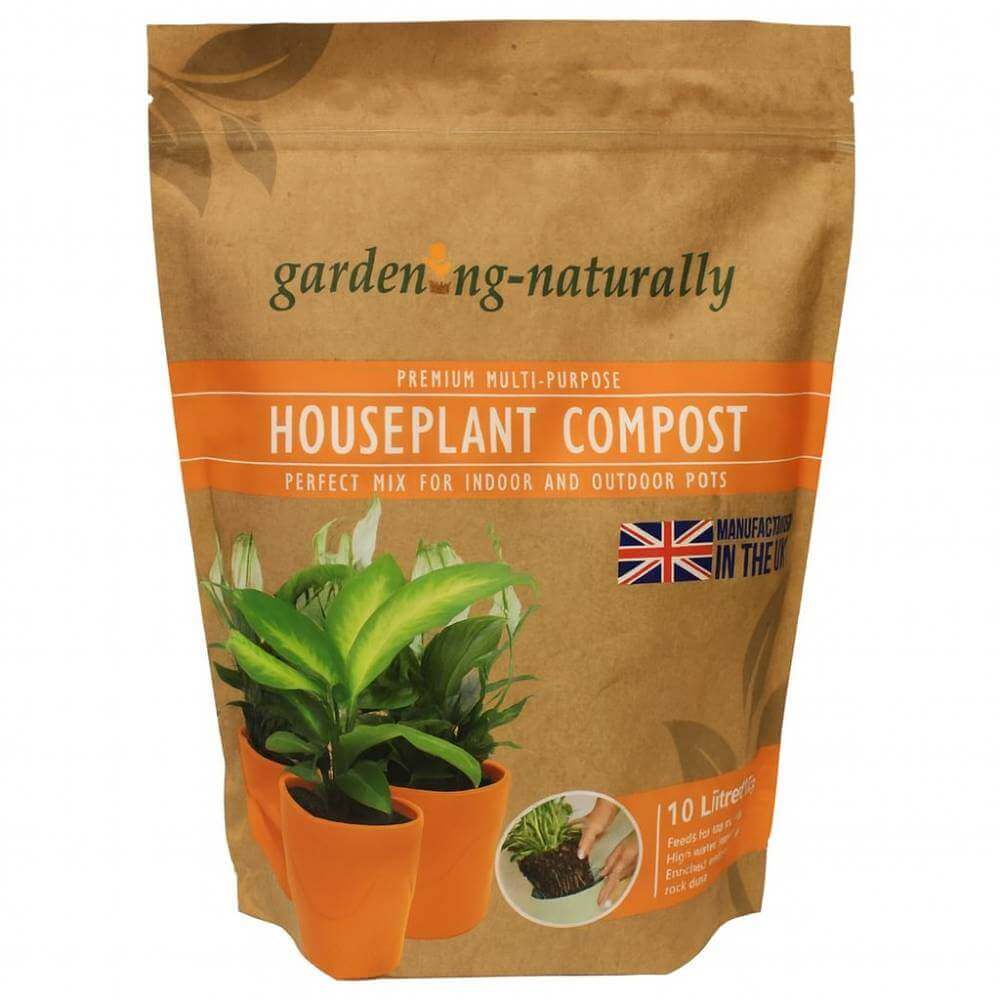 Bag of houseplant compost with branding and product details on a white background