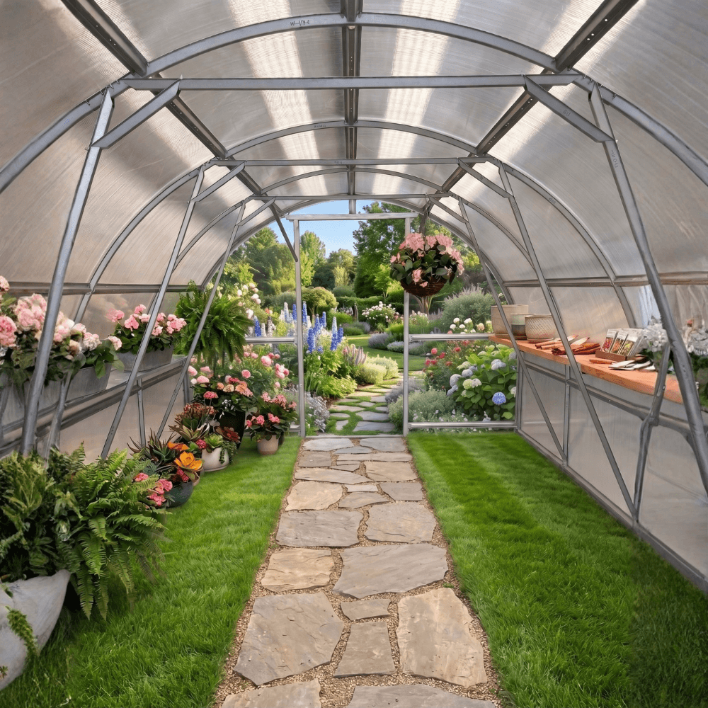 Greenhouse with plants and a stone path leading outside