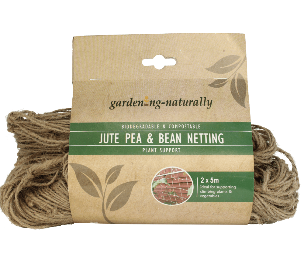 Jute pea and bean netting with packaging labeled 'gardening naturally' on a white background