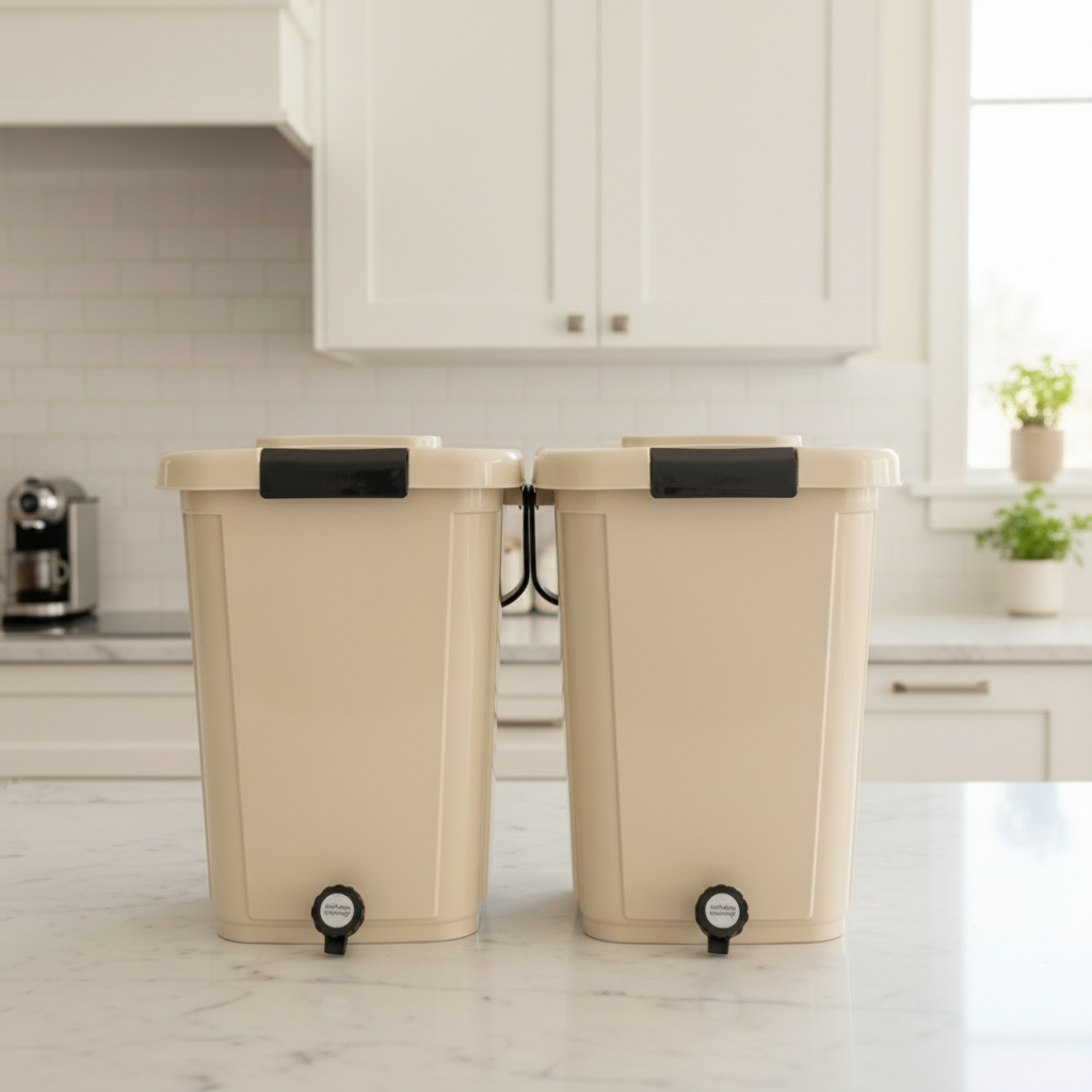 Beige large bokashi bins with on a kitchen counter