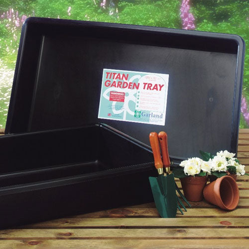 Garden trays on a greenhouse wooden bench