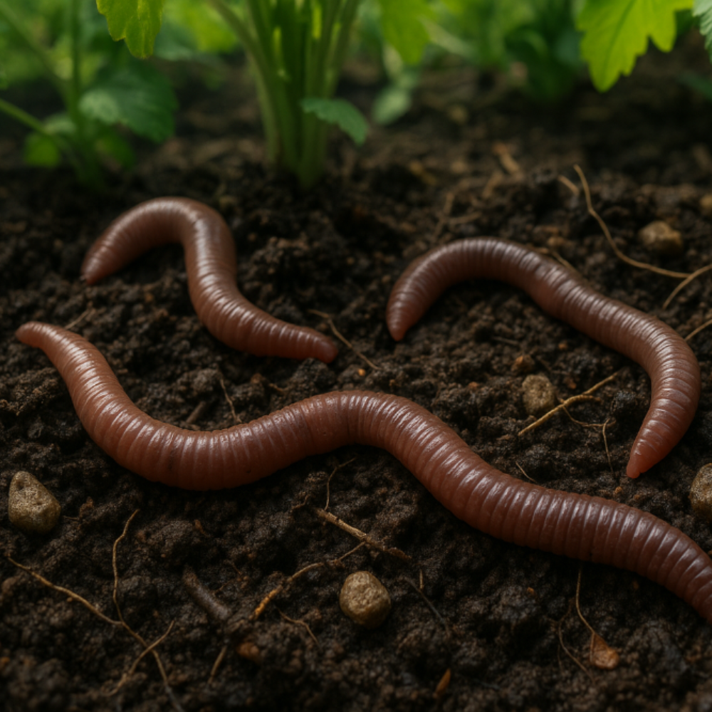 Three earthworms on moist soil with green plants in the background