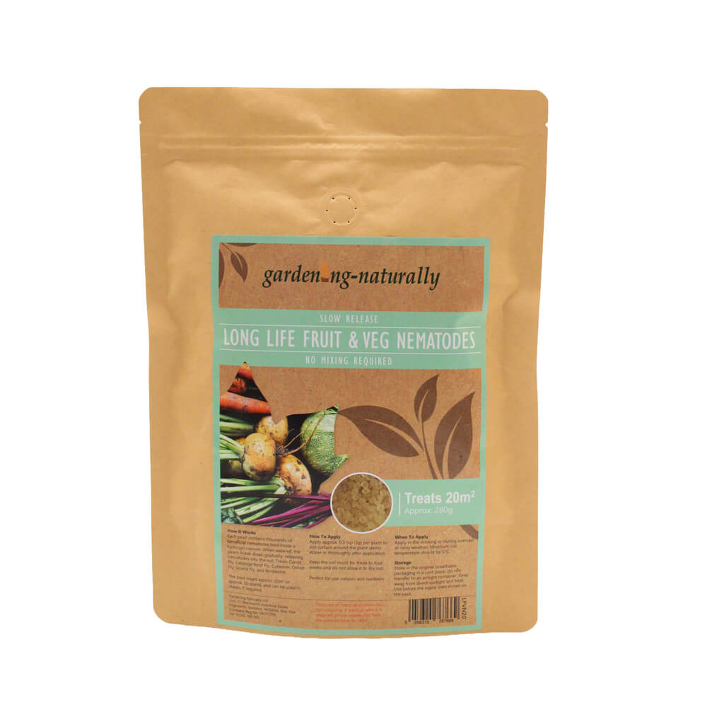 Brown package of 'garden naturally' long life fruit & veg nematodes on a white background