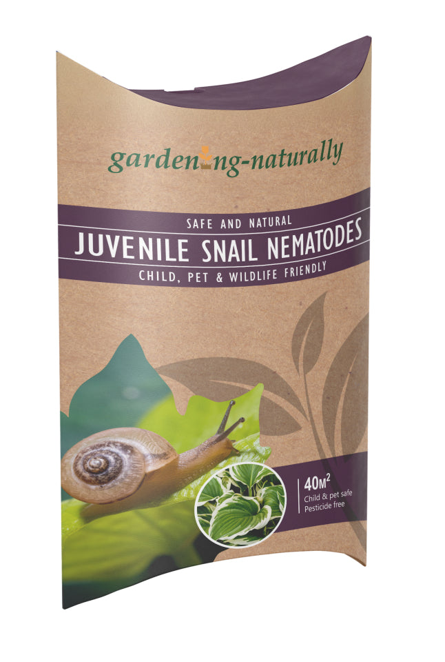 Package of garden-naturally juvenile snail nematodes on a white background