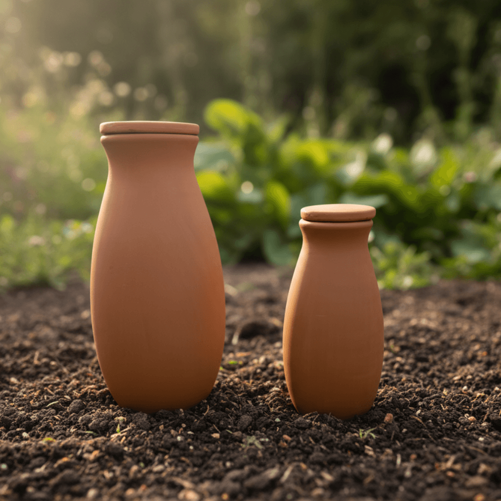 Two terracotta ola watering pots on a garden bed of soil