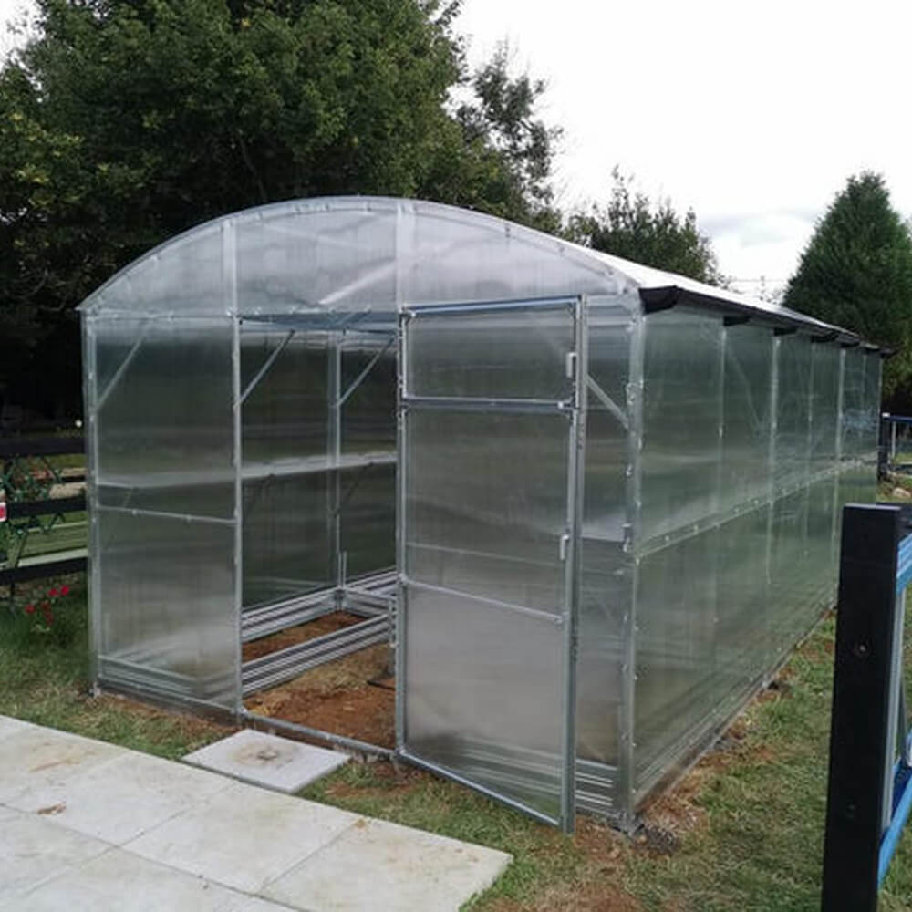 Clear polycarbonate greenhouse on a grassy area with trees in the background