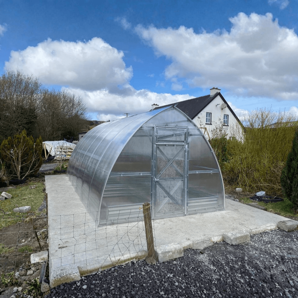 Metal greenhouse on a concrete base with a house and trees in the background