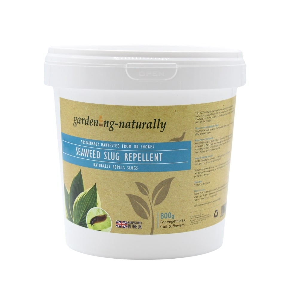 Seaweed slug repellent container with 'growing naturally' label on a white background