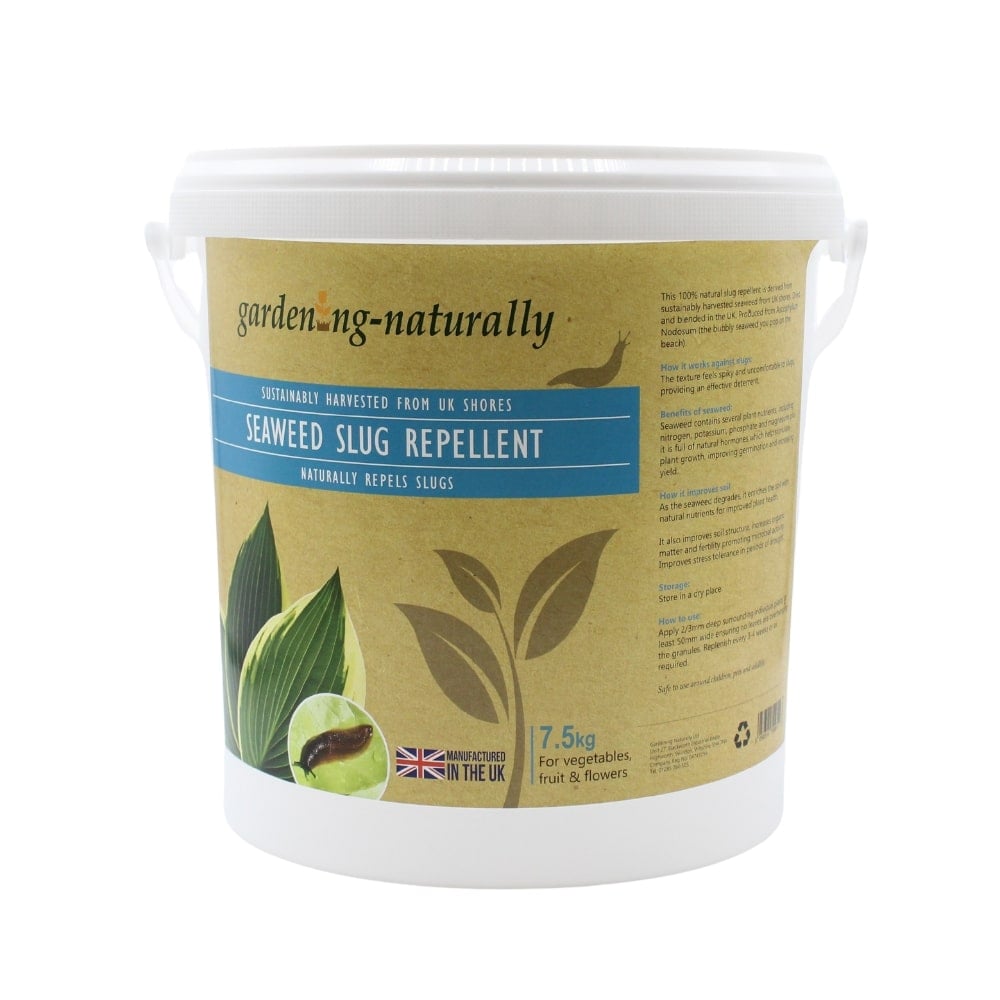 Seaweed slug repellent container with 'garden-naturally' label on a white background