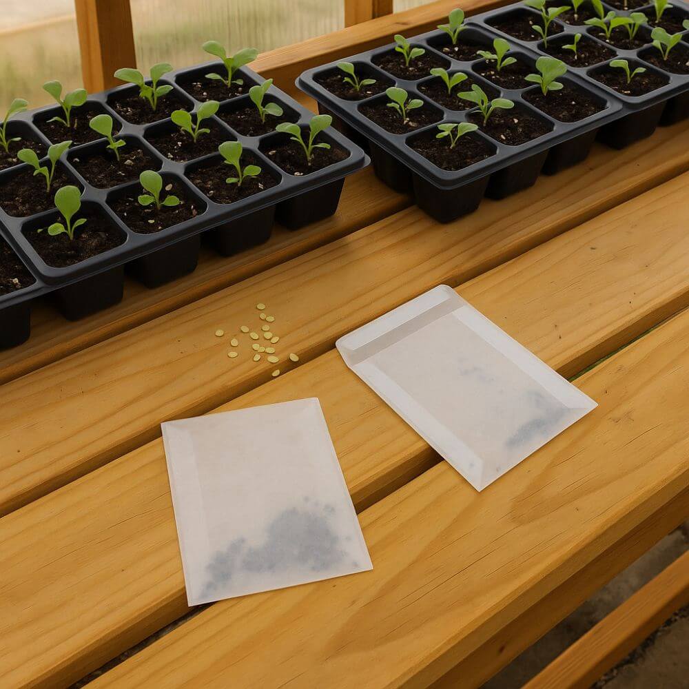 Waterproof seed envelopes on bench with seedlings in a tray