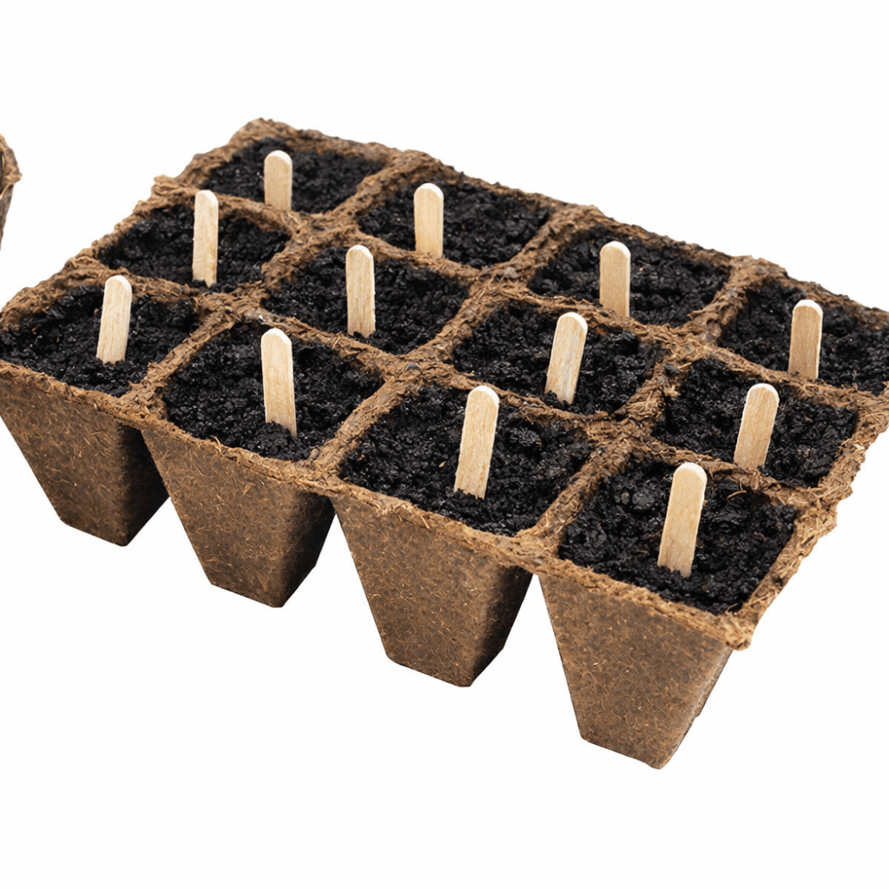 Seedling tray with small pots and wooden sticks on a white background