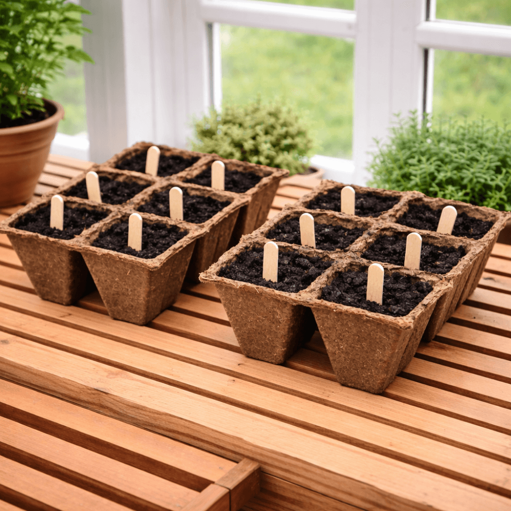 Seedling trays with soil and small plants on a wooden surface