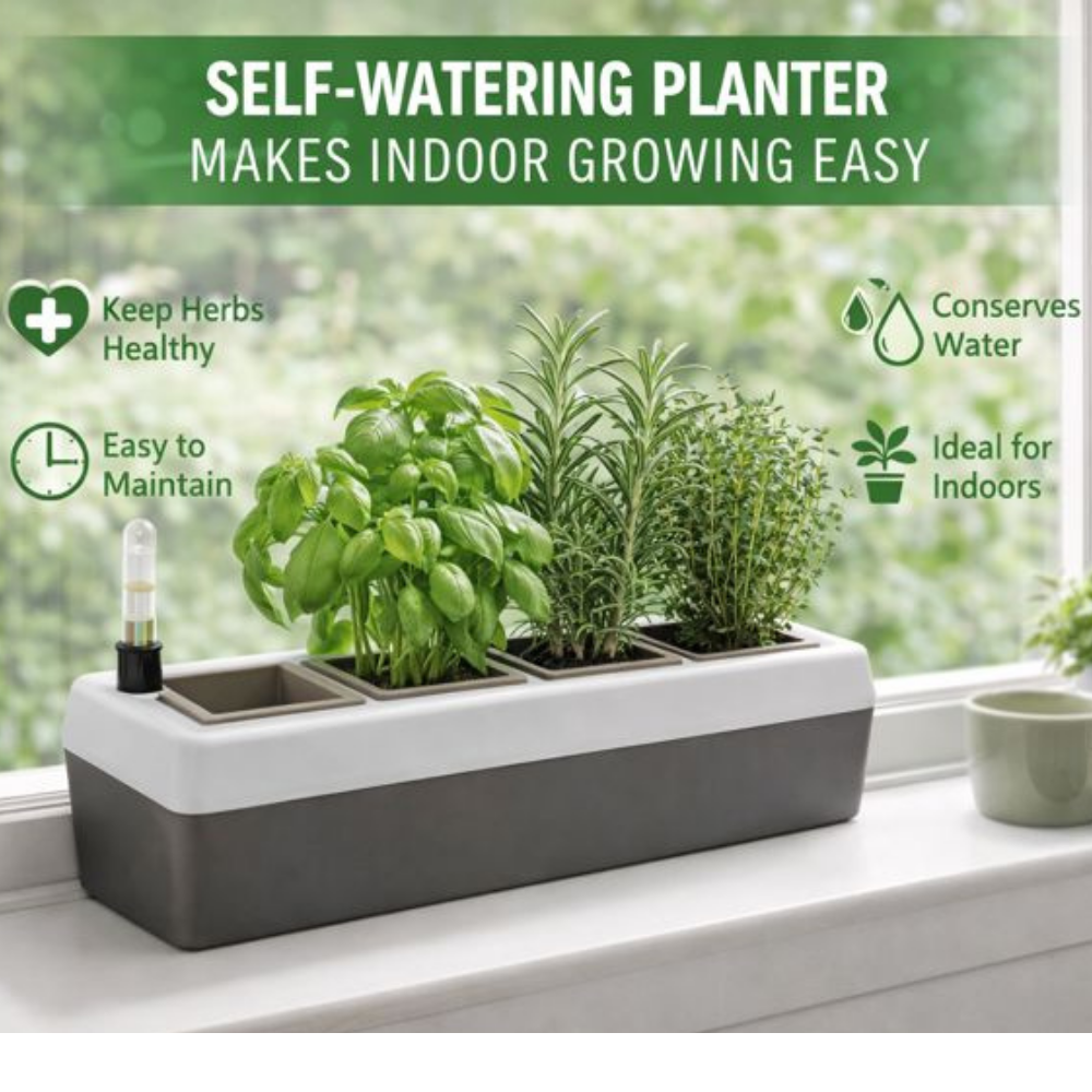 Self-watering planter with herbs on a windowsill, featuring text about its benefits.