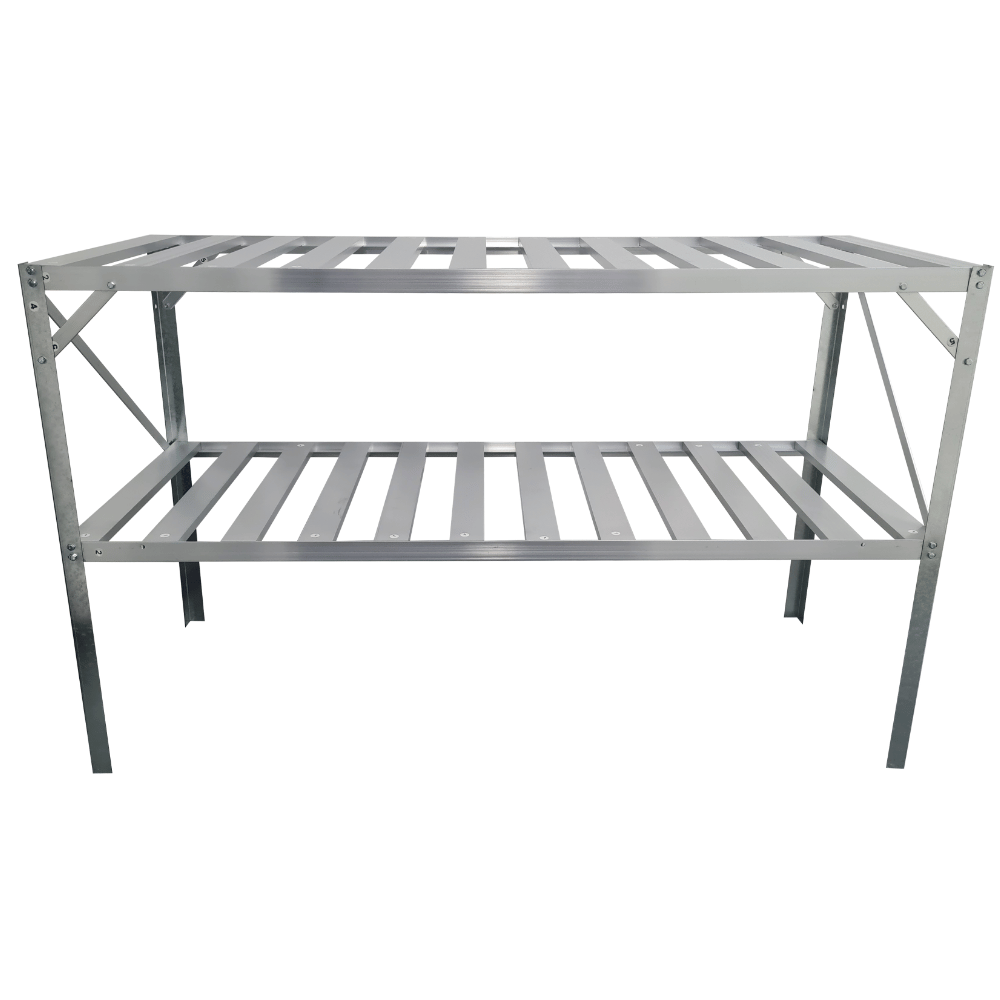 Greenhouse staging shelving unit with two levels on a white background