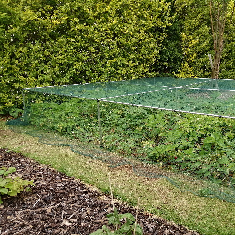 An aluminum fruit and vegetable cage kit installed in a garden bed, with green netting and supporting legs.