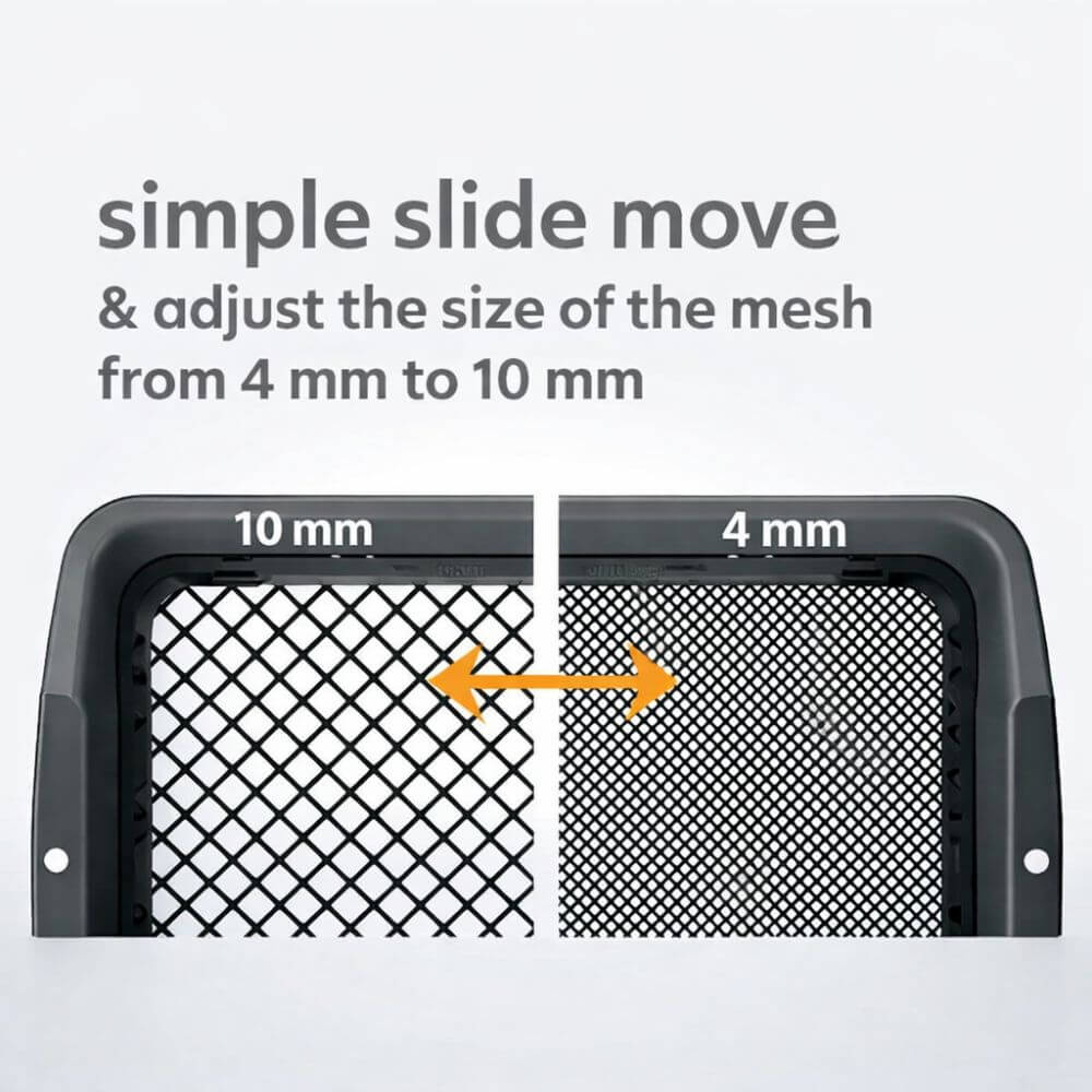 Adjustable mesh with text indicating size adjustment from 4 mm to 10 mm on a gray background.