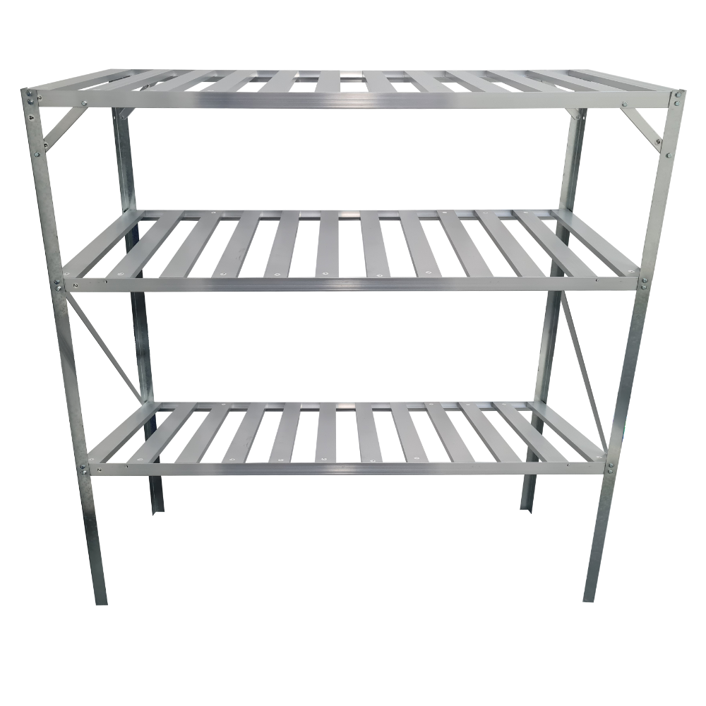 Greenhouse three tier staging unit with three shelves on a white background