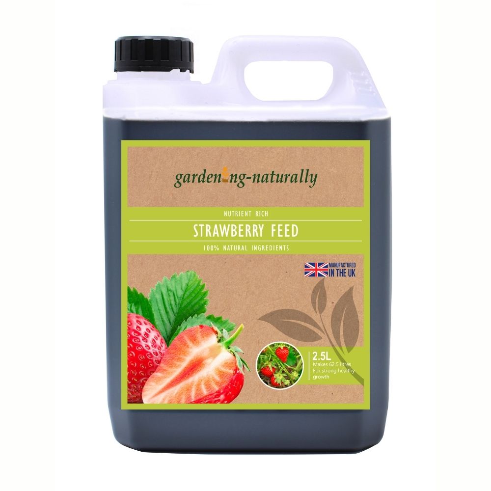 Strawberry feed container with 'garden naturally' branding on a white background
