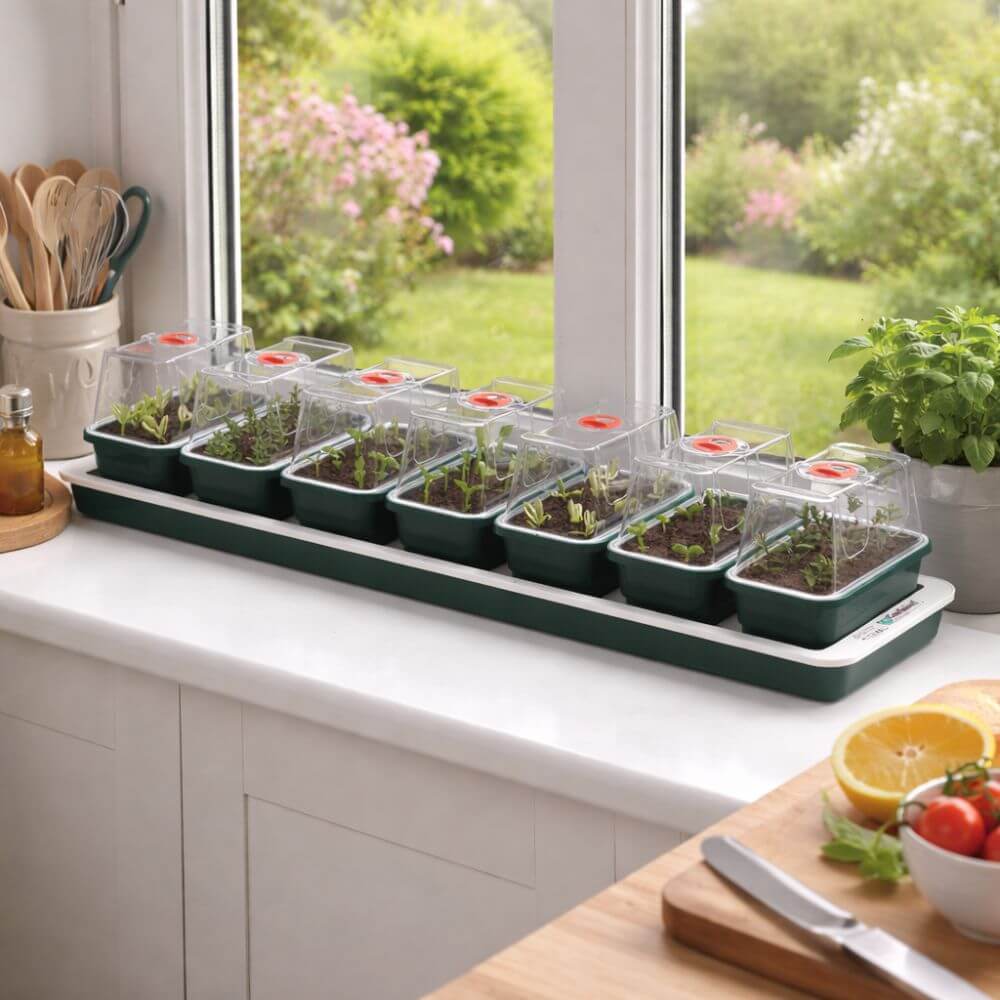 Seedling trays on a kitchen counter with a window view of greenery