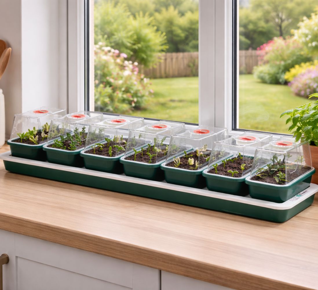 Seedling trays on a windowsill with a view of a garden outside.