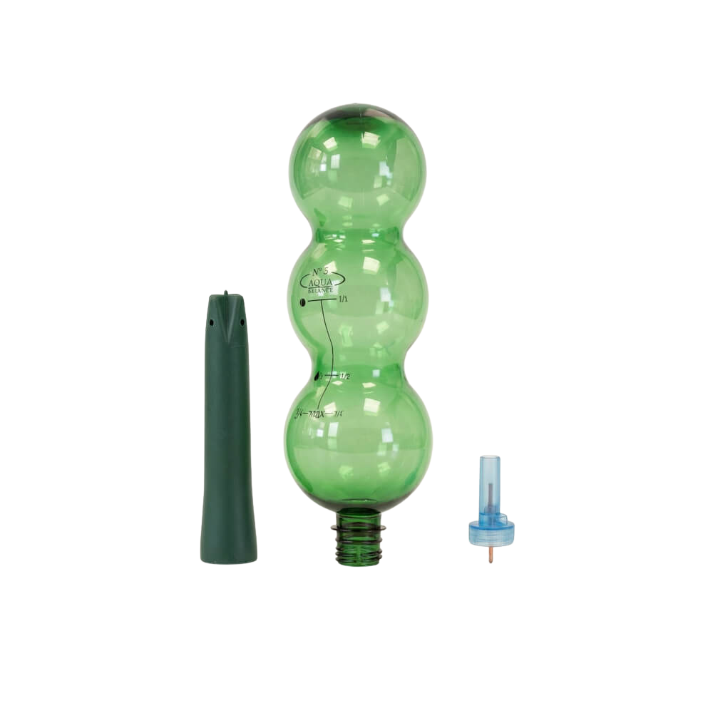 Green plastic water bottle with accessories on a white background