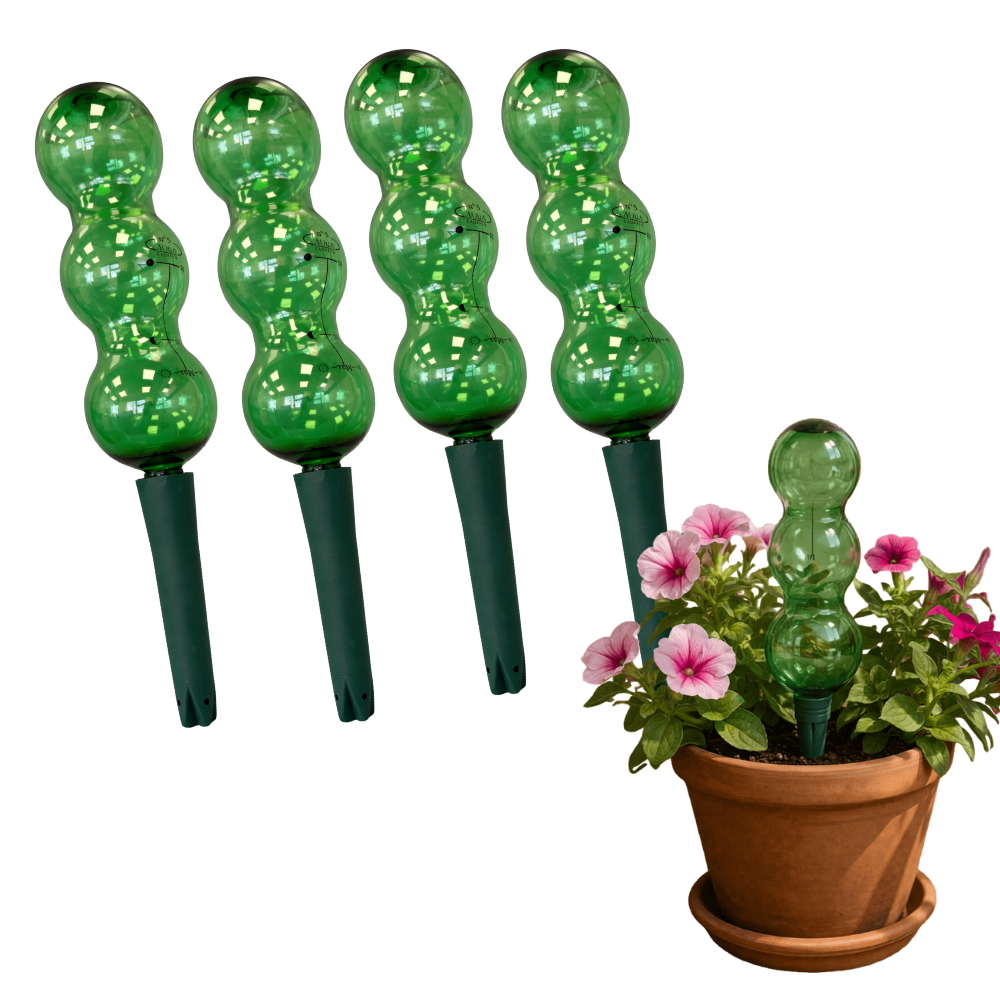Set of four garden automatic watering globes and a plant pot