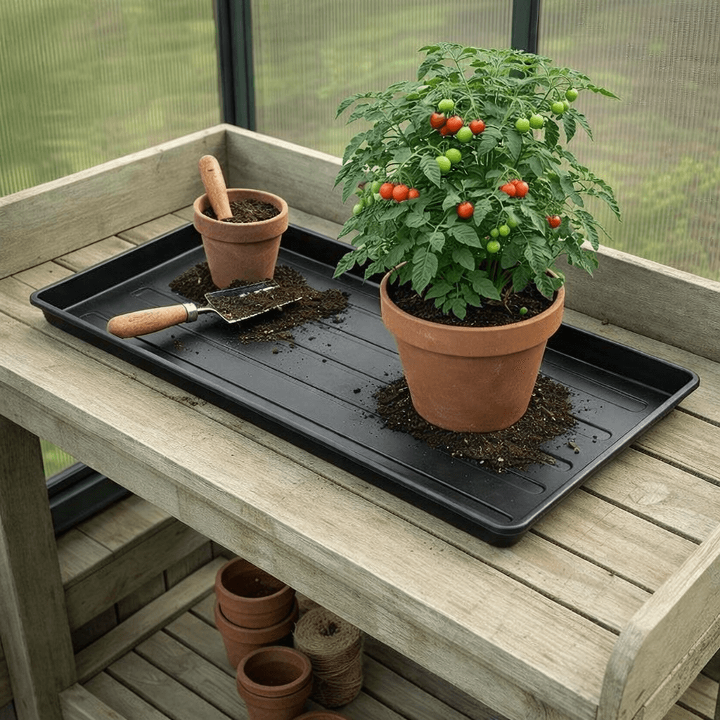 Potted tomato plant on a watertight gravel tray with gardening tools on a wooden deck