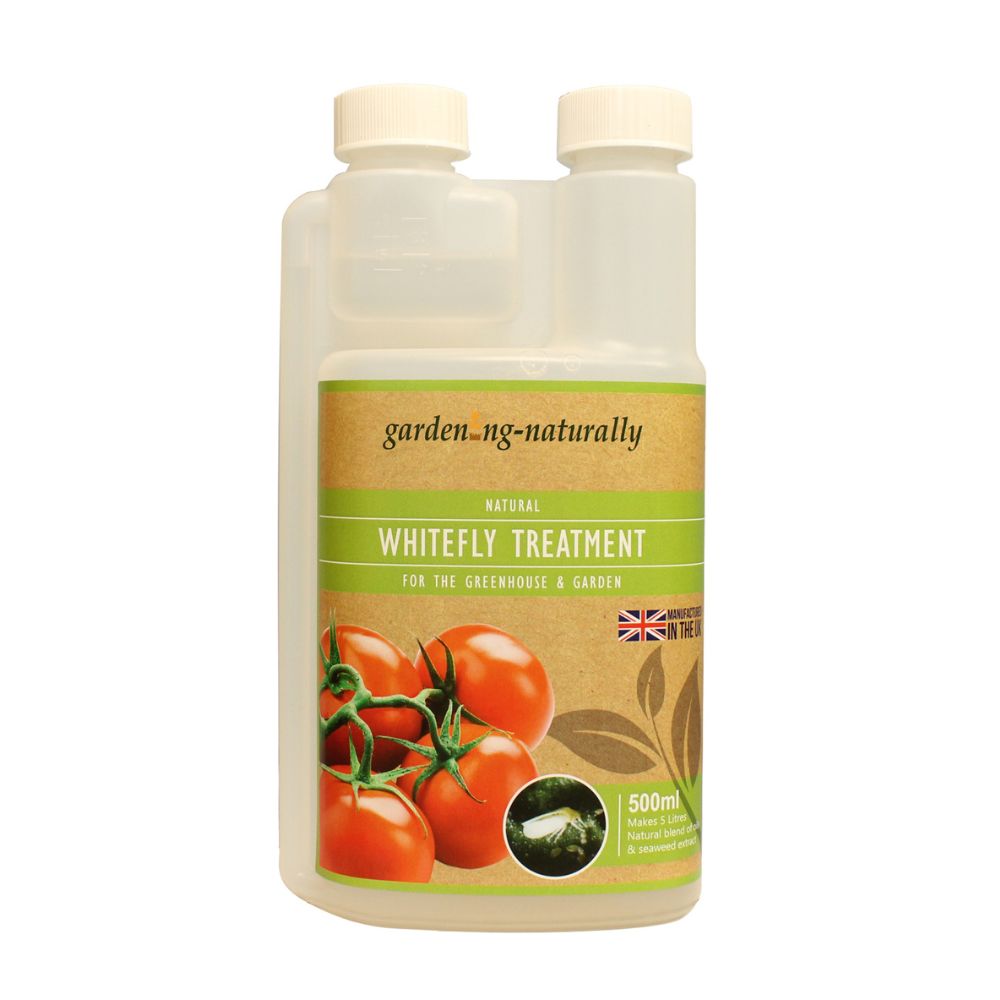 Bottle of garden naturally whitefly treatment with tomatoes on label