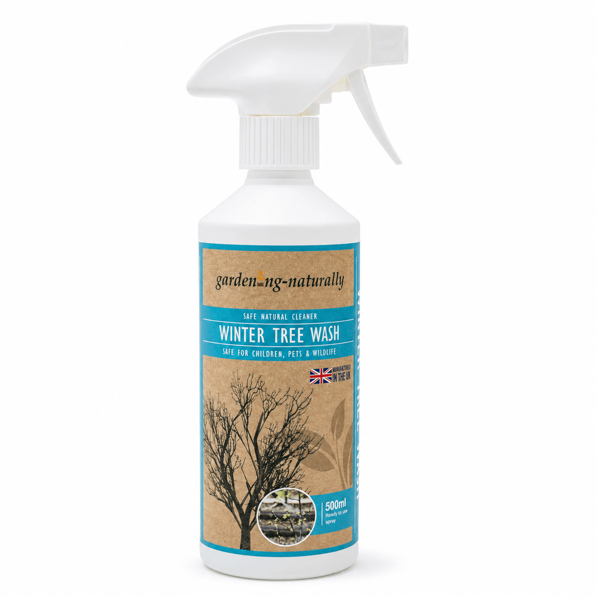 A white plastic spray bottle of garden-ng-naturally Winter Tree Wash with a white trigger sprayer and a brown and blue label, shown on a clean white background.