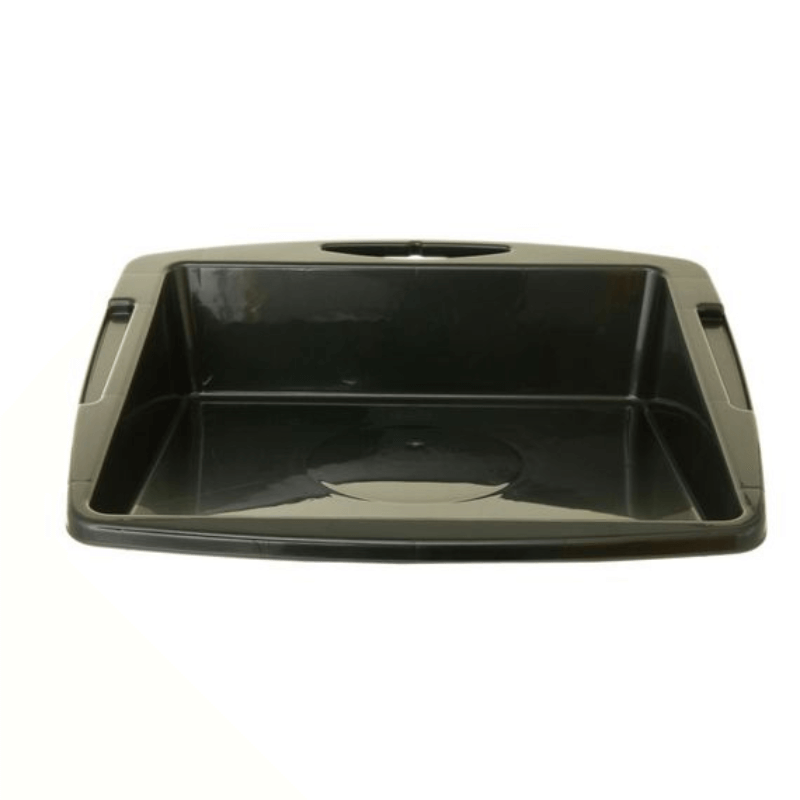 Black plastic tray on a white background