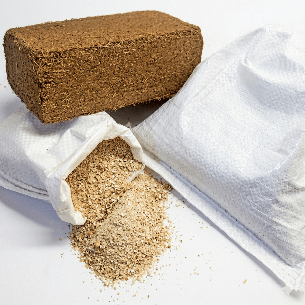 worm and coir block and a white bag for starter kit containing lime
