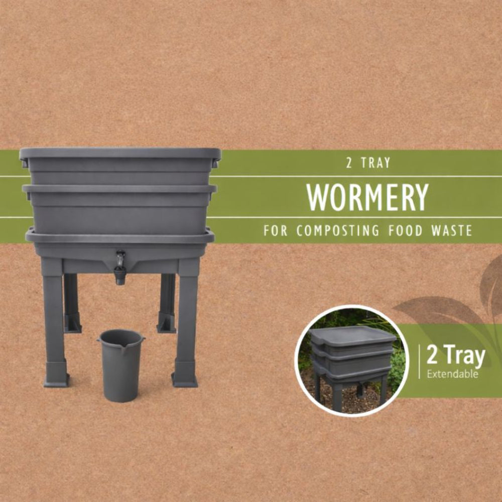 2-tray wormery for composting food waste on a brown background with green text.