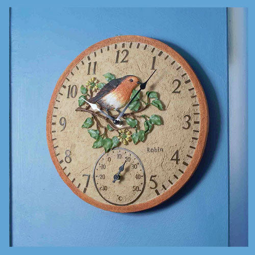 Outdoor Robin Wall Clock and Thermometer