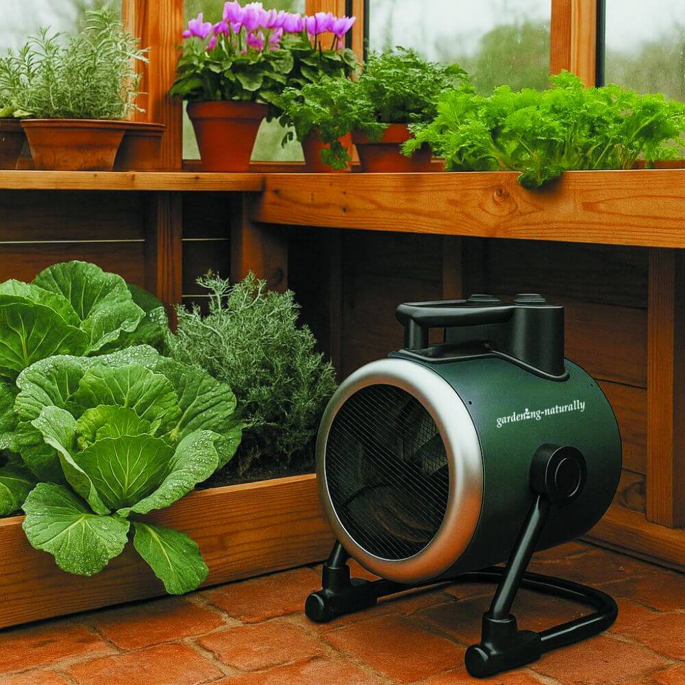 green greenhouse heater with plants and a wooden shelf in the background