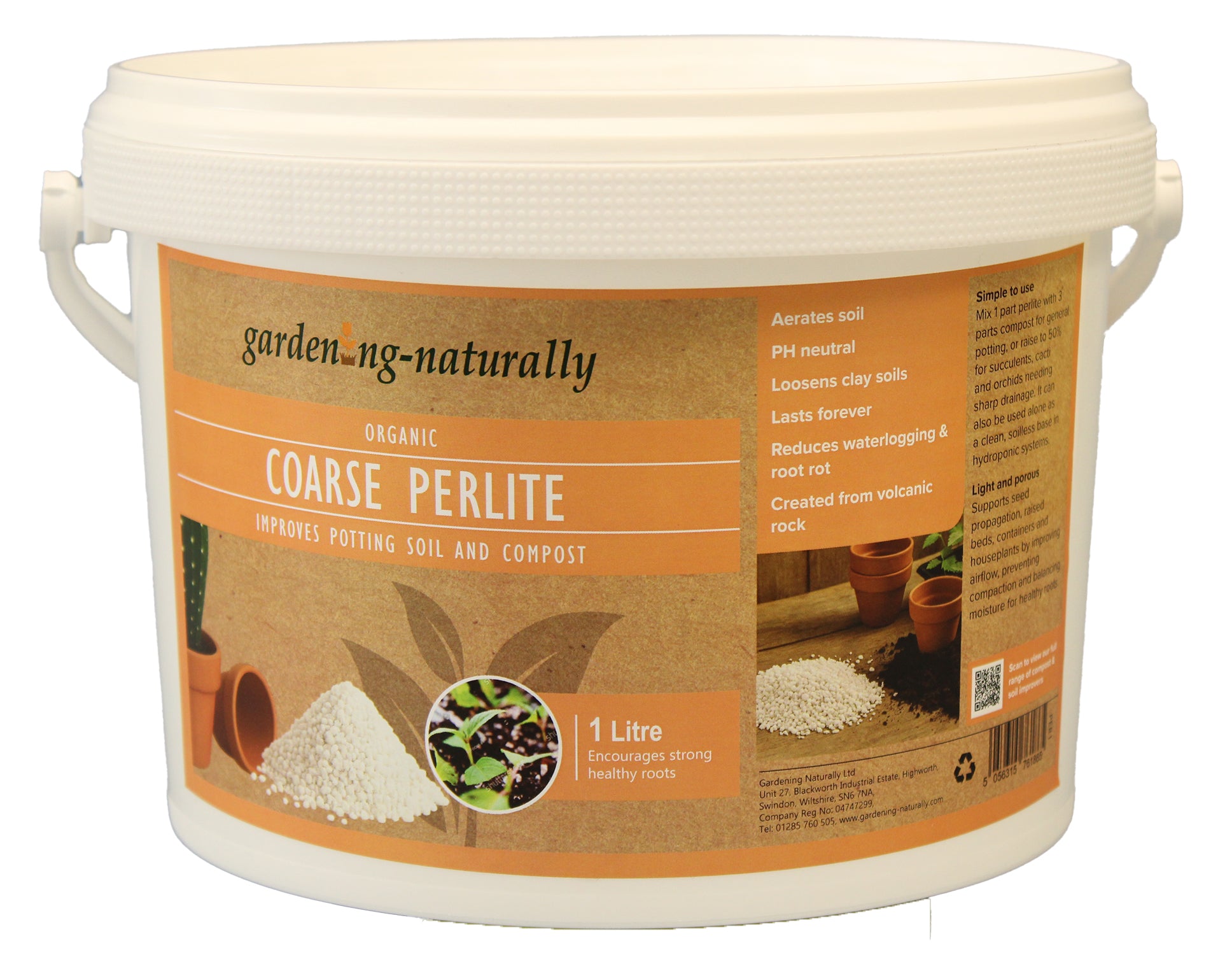 Bucket of coarse perlite with a label on a white background