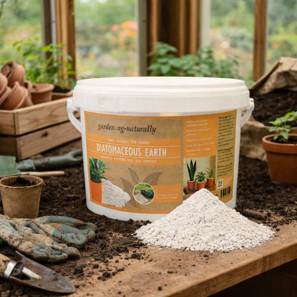 Bucket of garden diatomaceous earth on a wooden table with gardening tools and plants in the background.