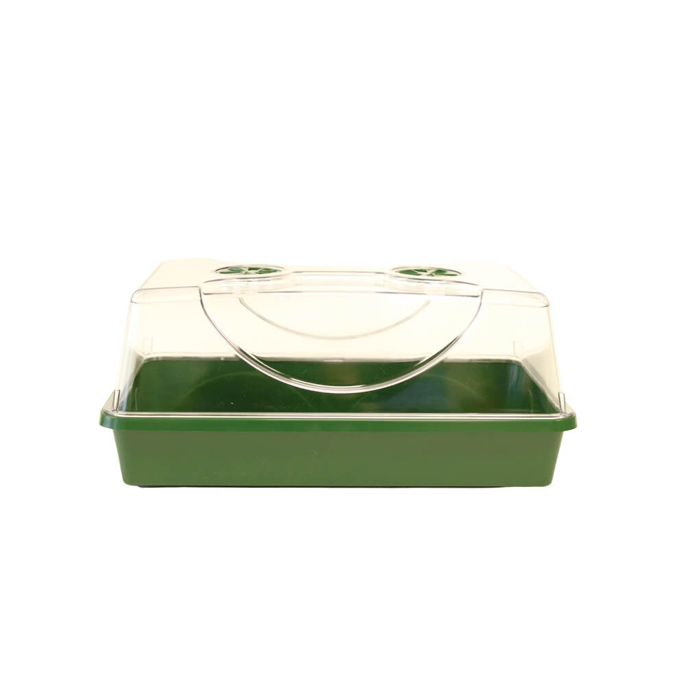 A medium sized green propagator with a lid and air vents for growing seeds