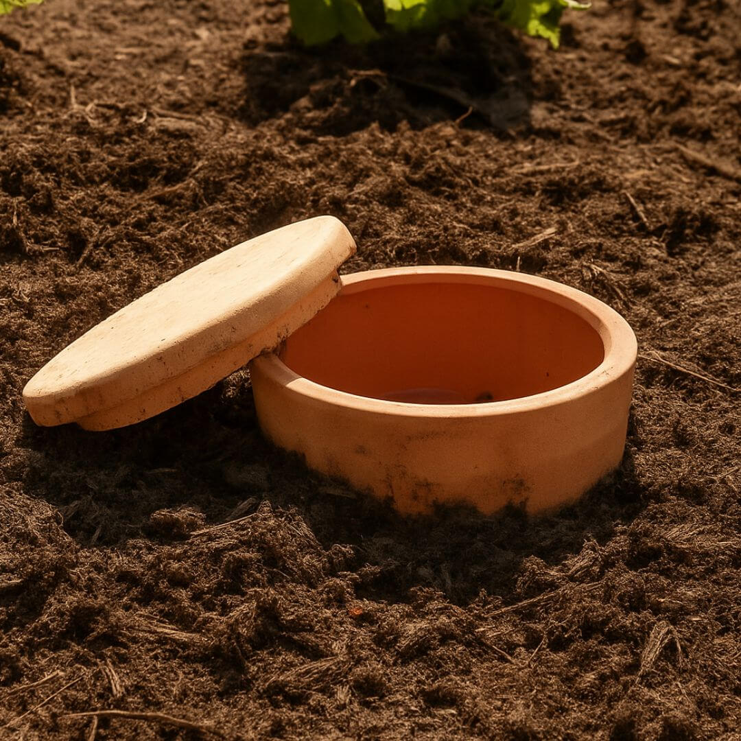 Terracotta olla pot buried with only lid on show