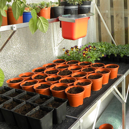 25 terracotta plant pots lined up