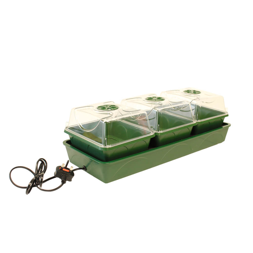 A Propagator tray with three compartments with electric cable on a white background