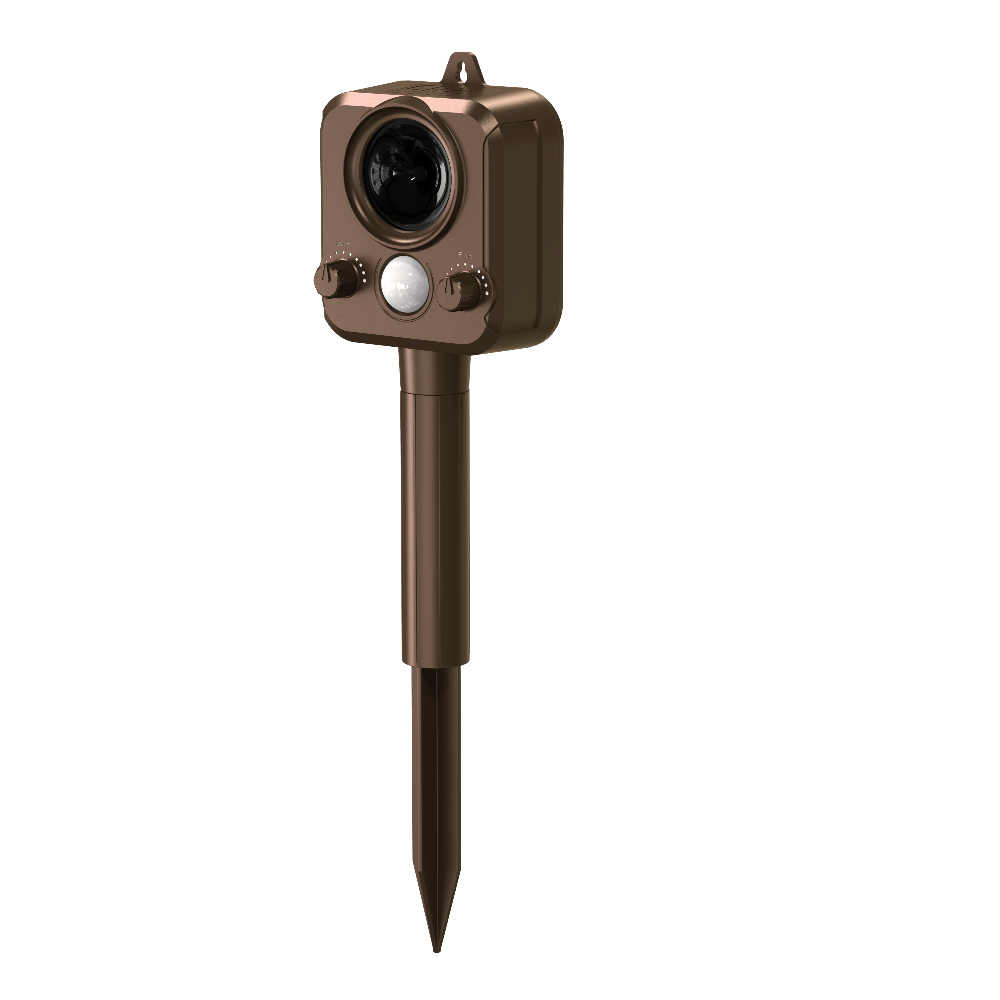Brown outdoor security camera with a stake on a white background