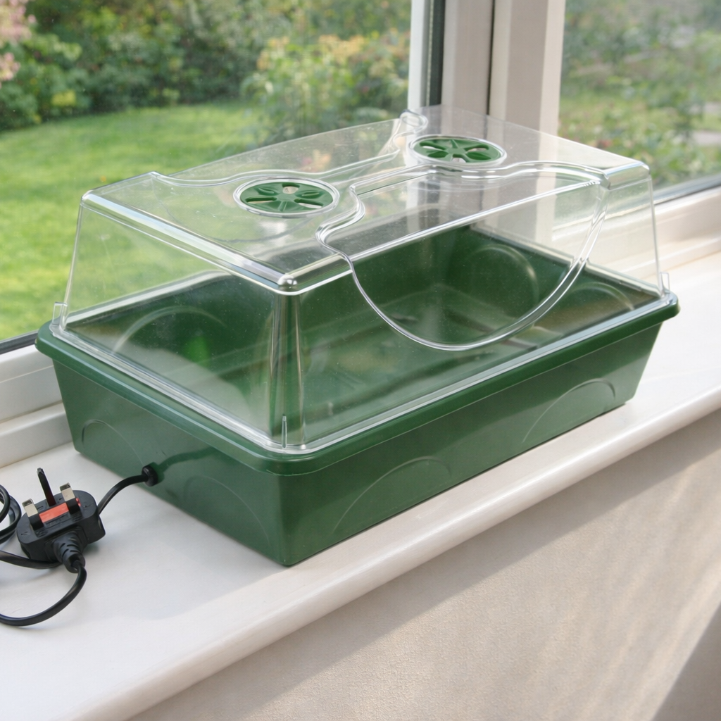 A Green Propagator sitting on a white windowsill