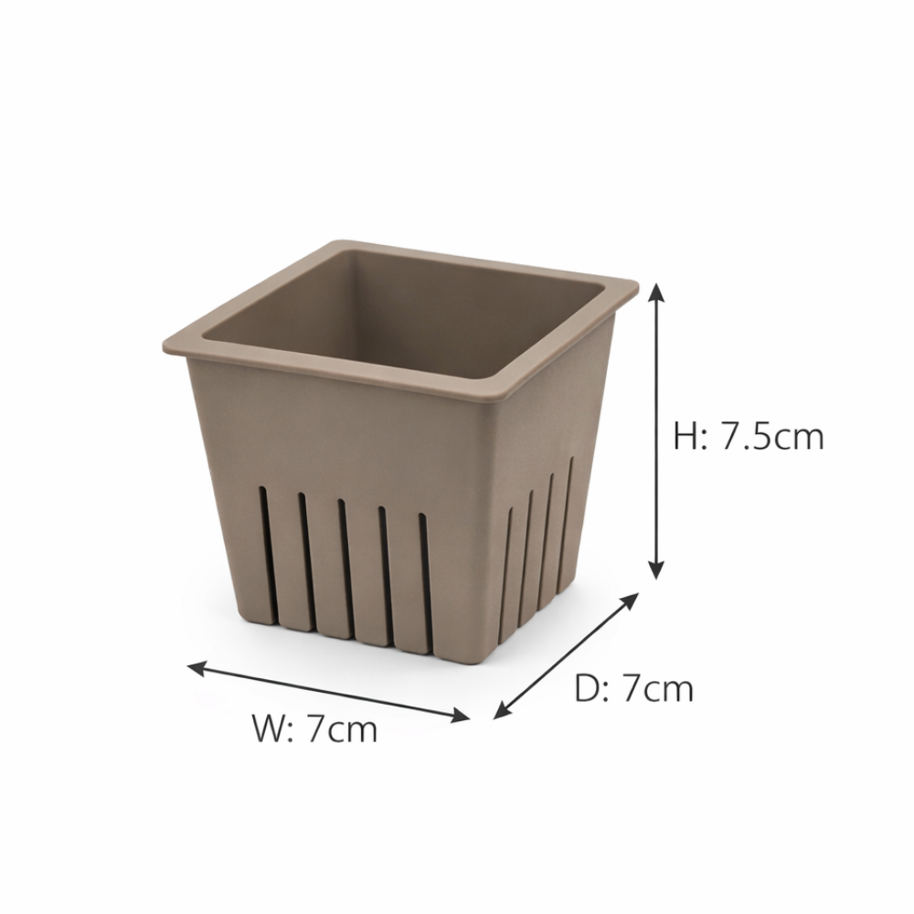 Brown square planter pots with dimensions labeled on a white background