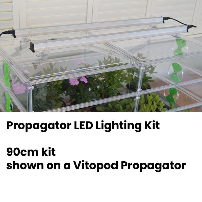 Vitopod Propagator with plants in and  led lighting kit with white banner to describe picture