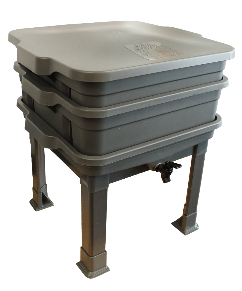 Stack of gray plastic bins with a stand on a white background