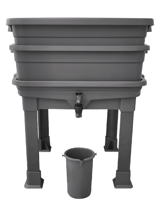 Gray plastic washing machine with a small bucket on a white background
