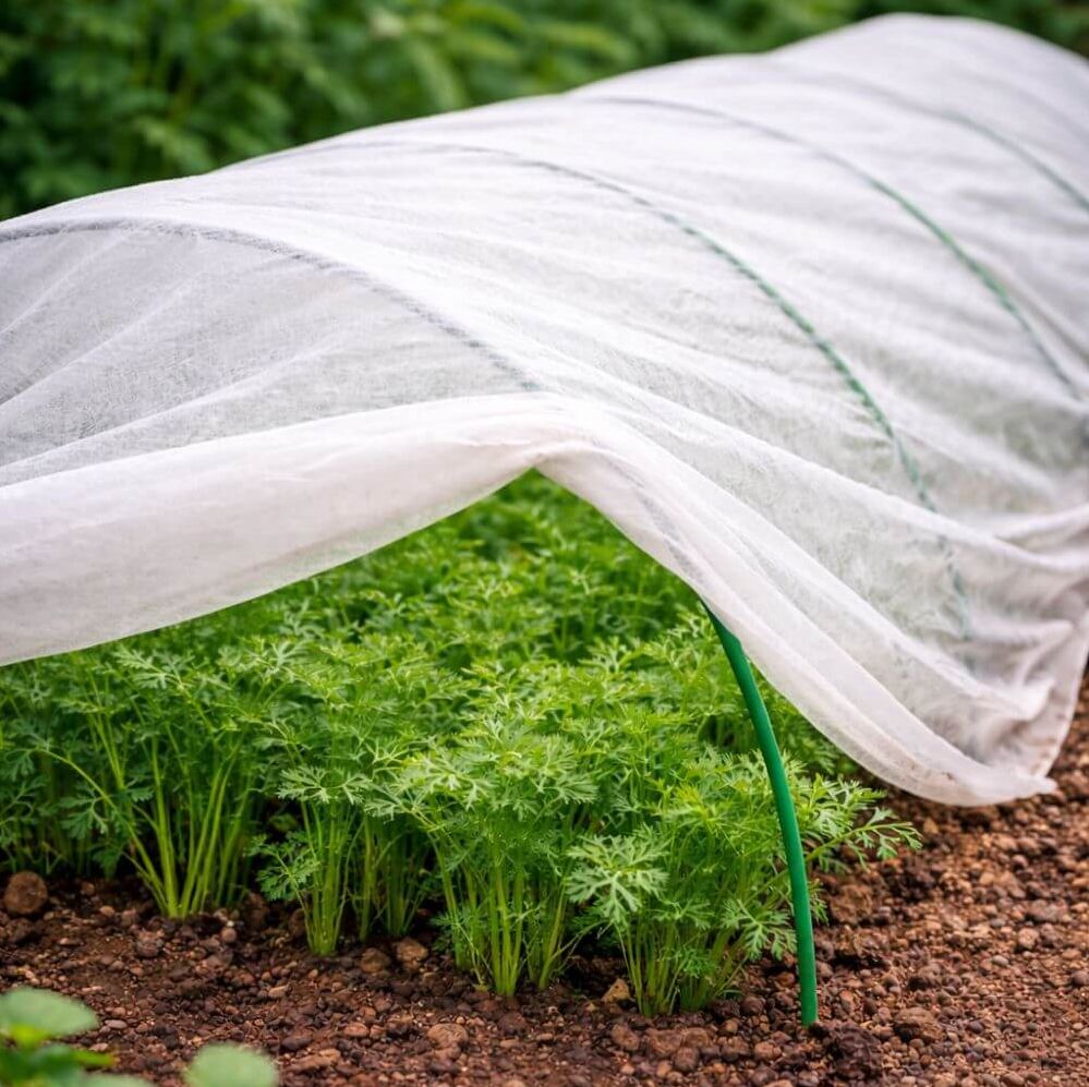 Biodegradable fleece over carrots and garden hoops