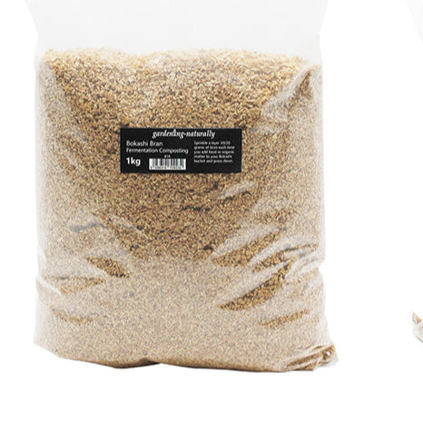 Bag of Bokashi bran in transparent bag with a Gardening Naturally label on a white background